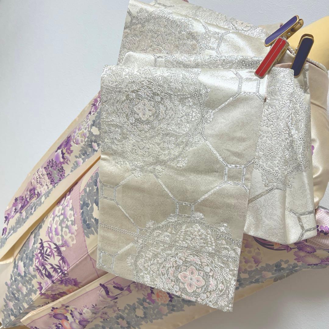 361 振袖フルセット 正絹 オフホワイト 白 薄紫 銀彩 駒刺繍 フェミニン