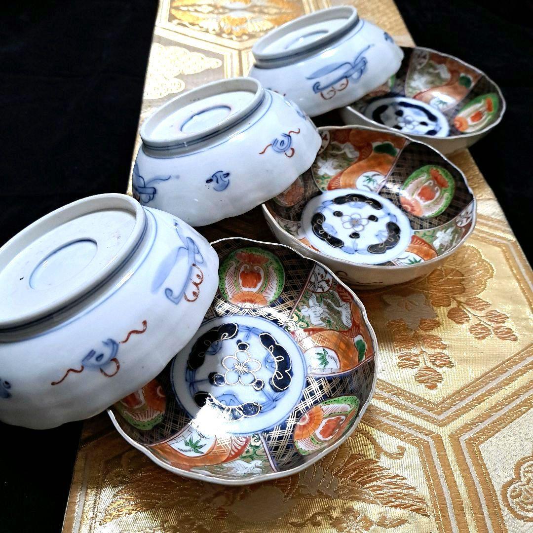 アンティーク　古伊万里　染錦　懐石皿　なます皿　5寸　6客揃　色絵　深鉢