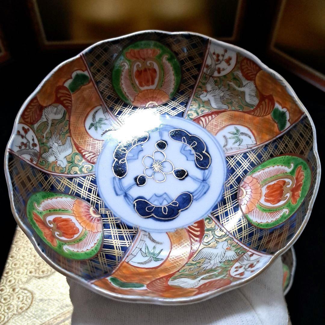 アンティーク　古伊万里　染錦　懐石皿　なます皿　5寸　6客揃　色絵　深鉢