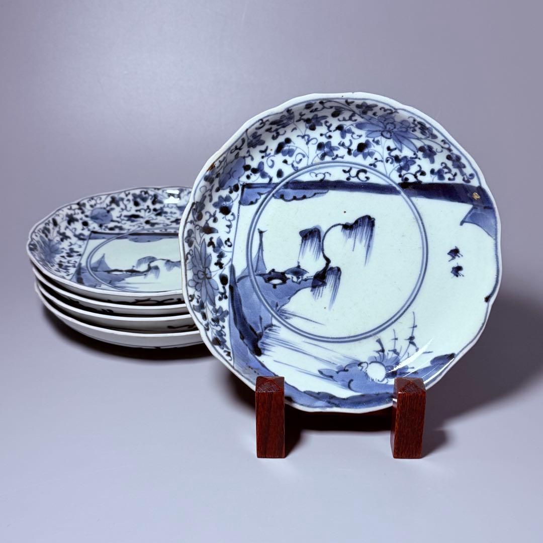 1700年代　江戸時代　古伊万里　染付花唐草風景図輪花皿　5枚　大明成化年製