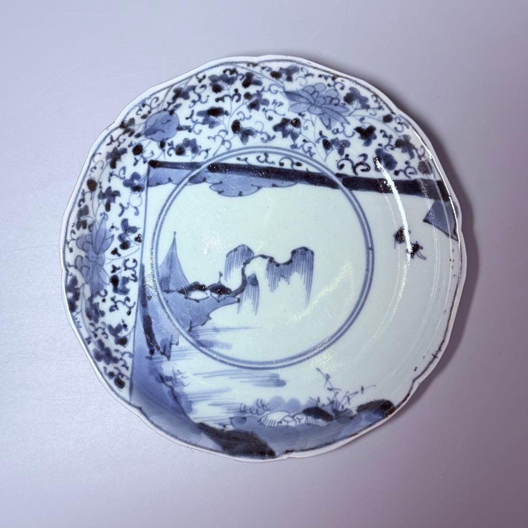 1700年代　江戸時代　古伊万里　染付花唐草風景図輪花皿　5枚　大明成化年製