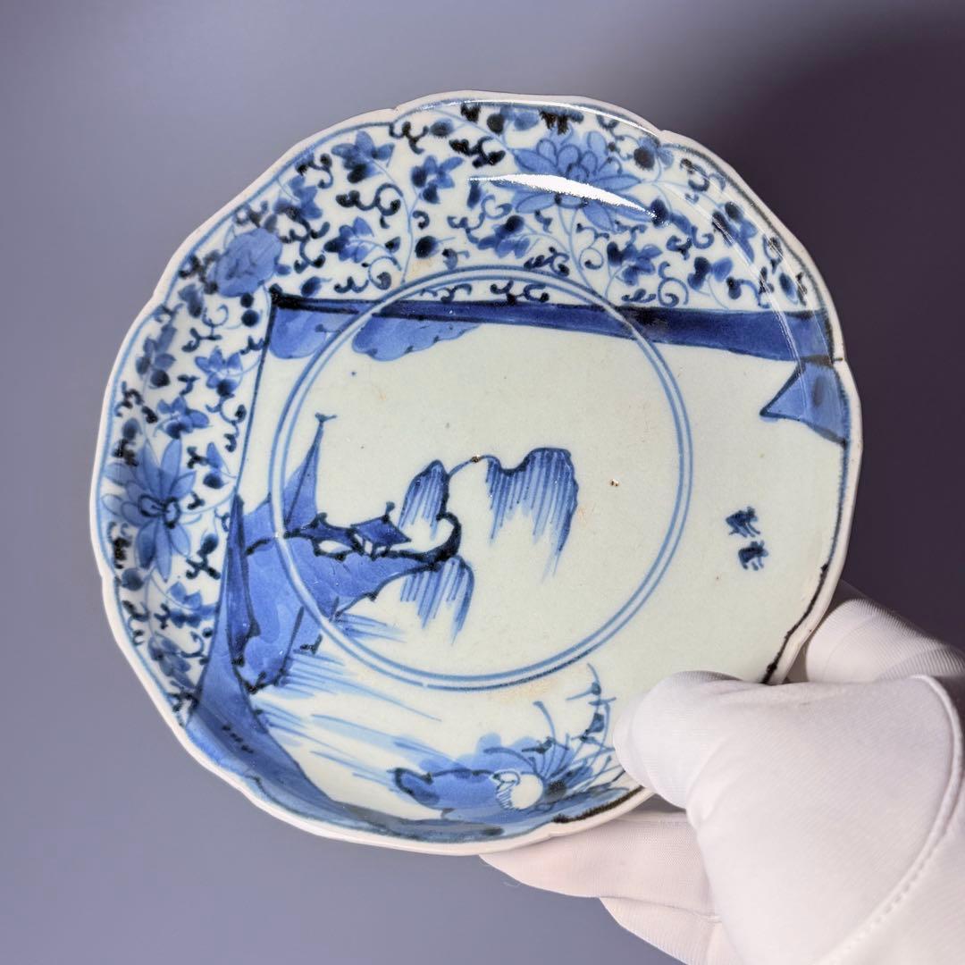 1700年代　江戸時代　古伊万里　染付花唐草風景図輪花皿　5枚　大明成化年製