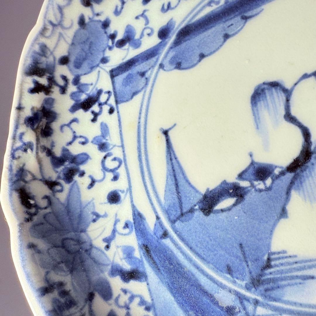 1700年代　江戸時代　古伊万里　染付花唐草風景図輪花皿　5枚　大明成化年製