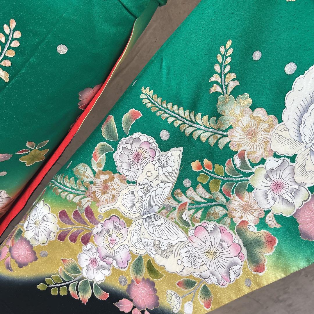 振袖　フルセット　辻が花　成人式　グリーン　ブラック　綸子　m5