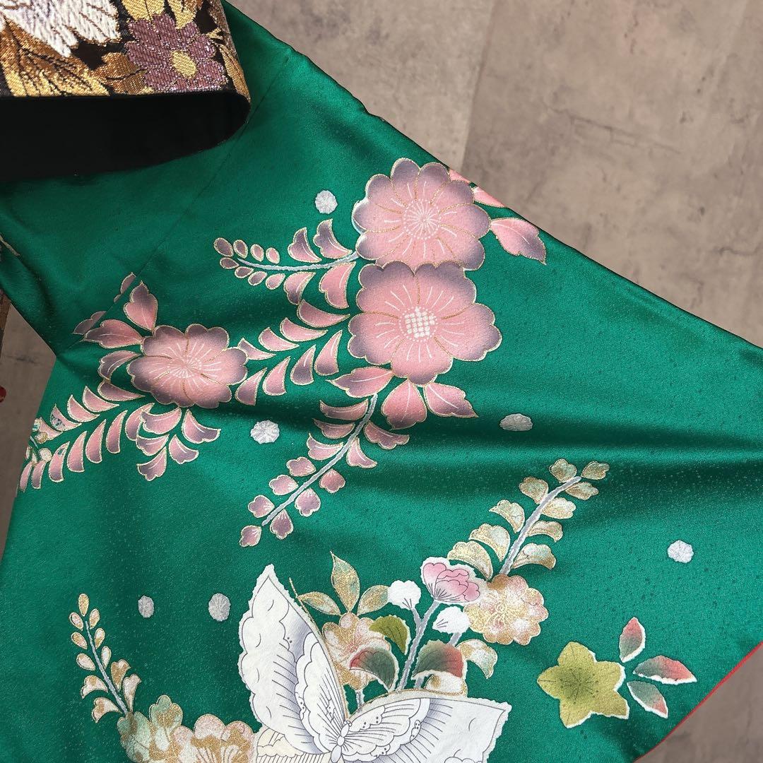 振袖　フルセット　辻が花　成人式　グリーン　ブラック　綸子　m5