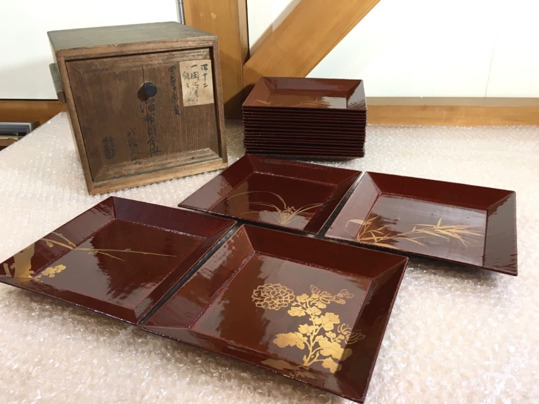 【四君子】時代漆器 盆 ２０枚 5枚1組4セット 木箱付き 布目盆 【美品】