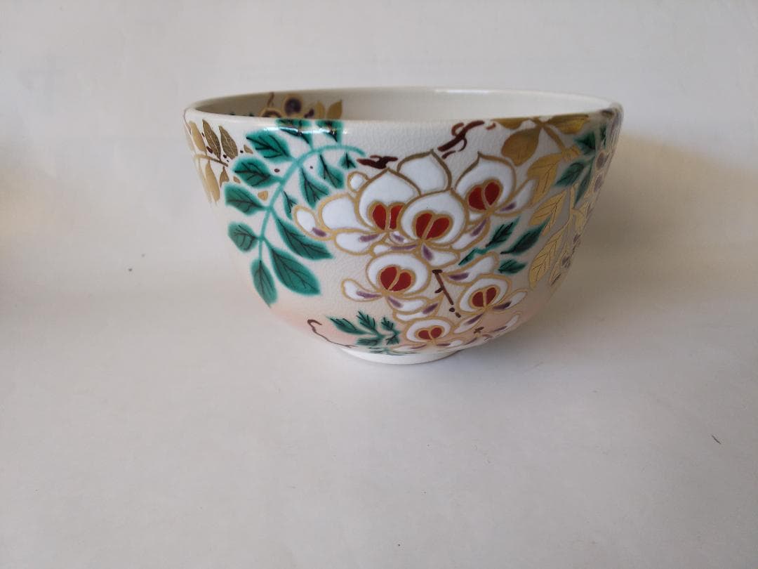 押小路窯 庄左ェ門 作 色絵「藤」茶碗 押小路焼 共箱 共布 栞 抹茶碗 新品