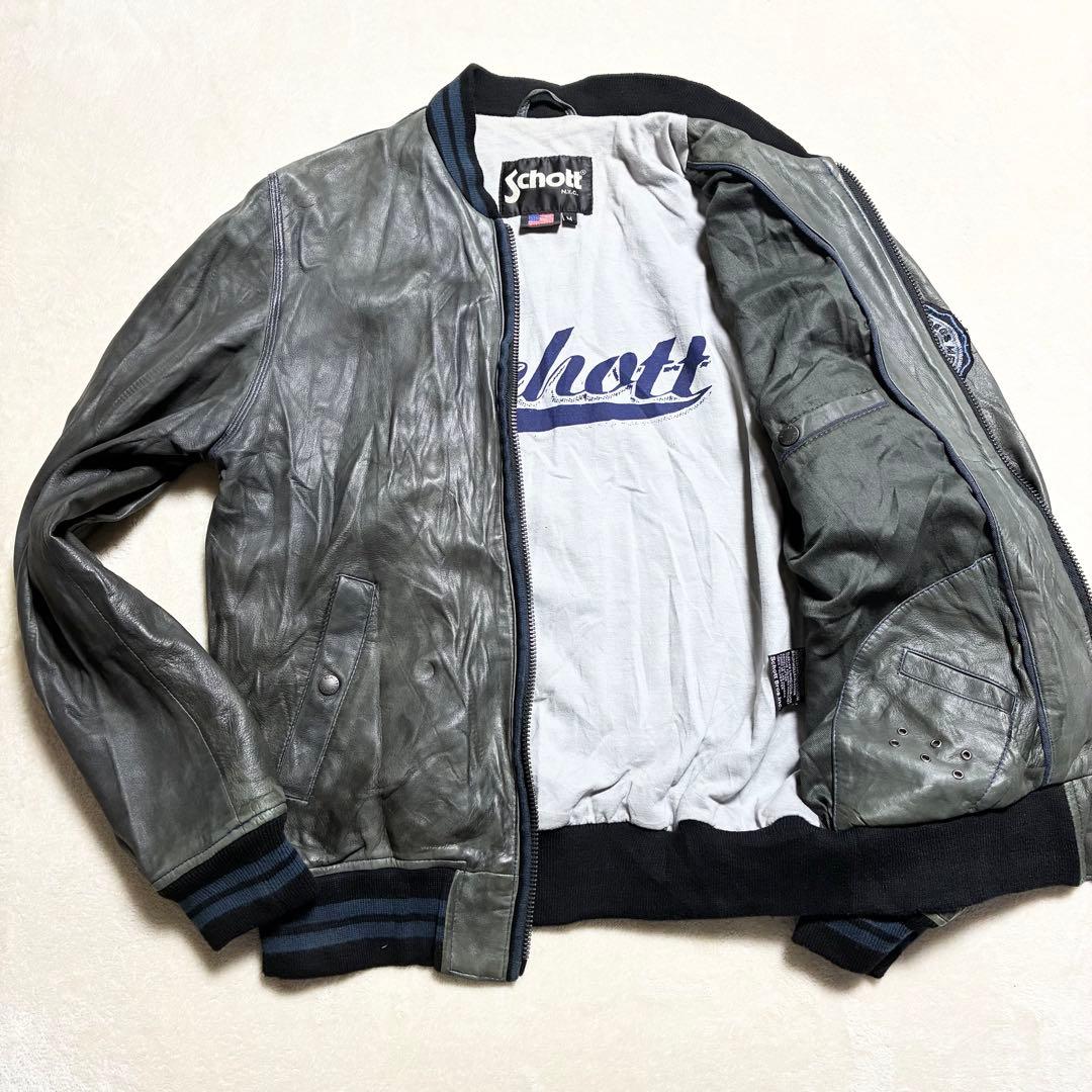【状態良好】SCHOTT☆レザージャケット☆羊革☆グレー☆M☆ワッペン☆