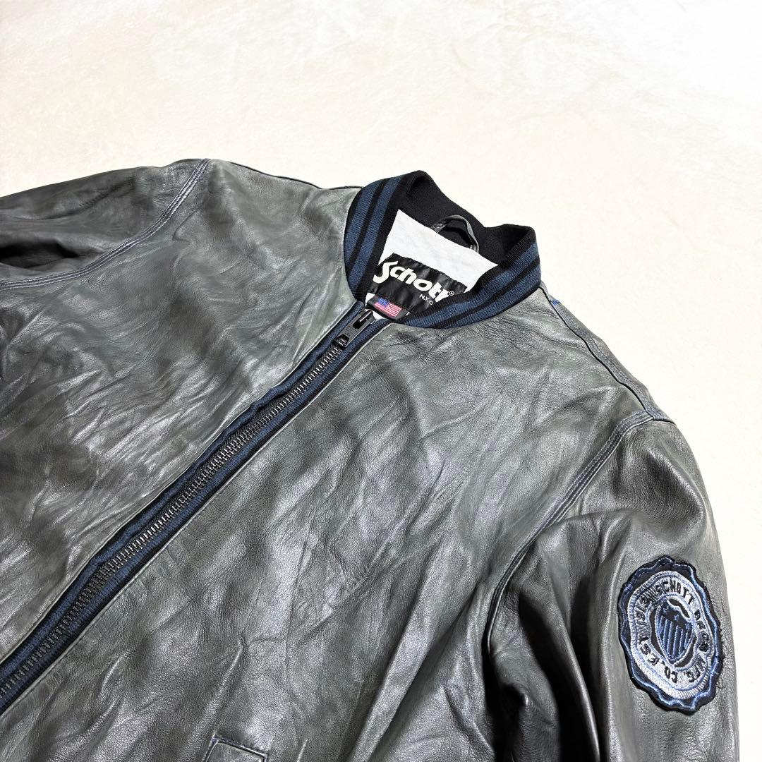 【状態良好】SCHOTT☆レザージャケット☆羊革☆グレー☆M☆ワッペン☆