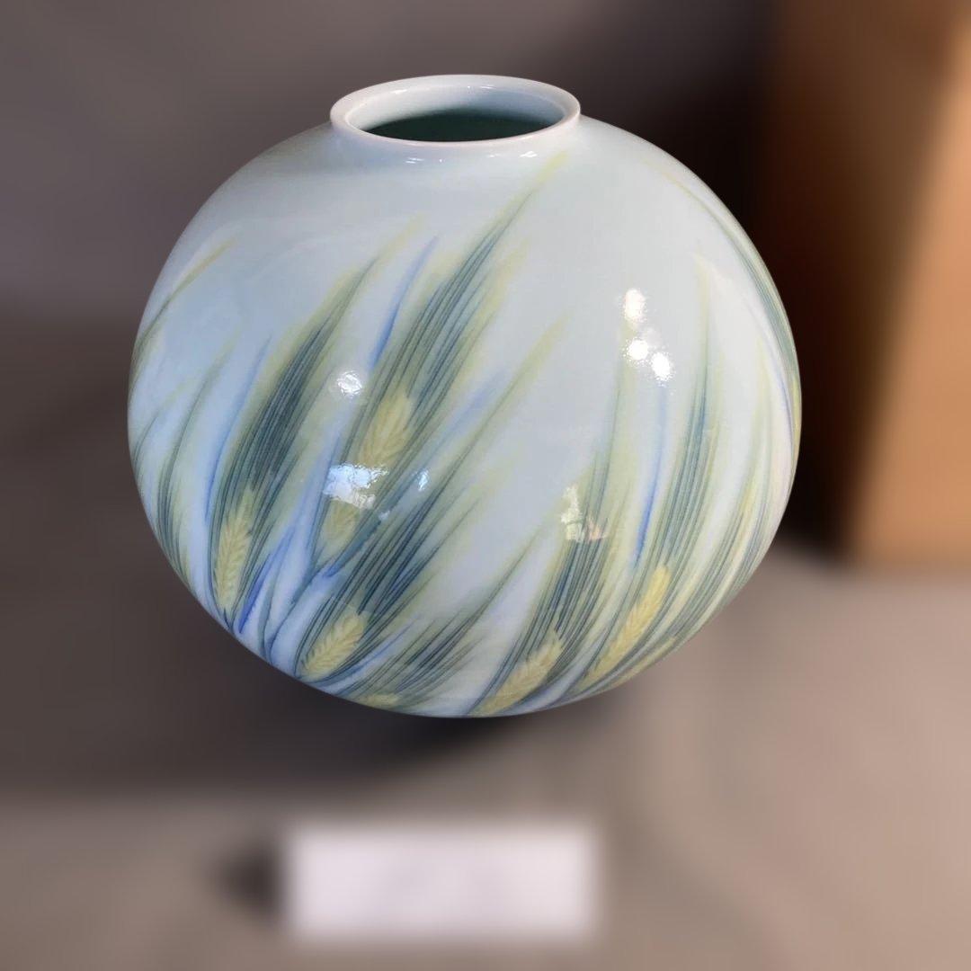 【庄村健】現代の名工　日本の名窯　有田　晩香窯　庄村健作　染錦麦穂紋　花瓶