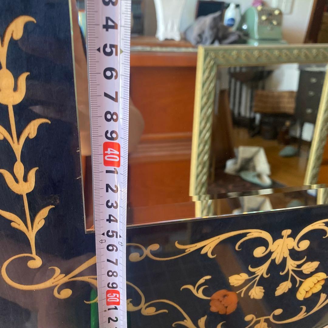 イタリア　青　ドマン　demain 象嵌　鏡　寄木　壁掛け　面取り鏡