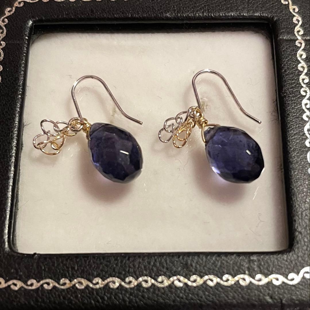 ☆猫むすめ様☆K18 WG YG フックピアス　アイオライト