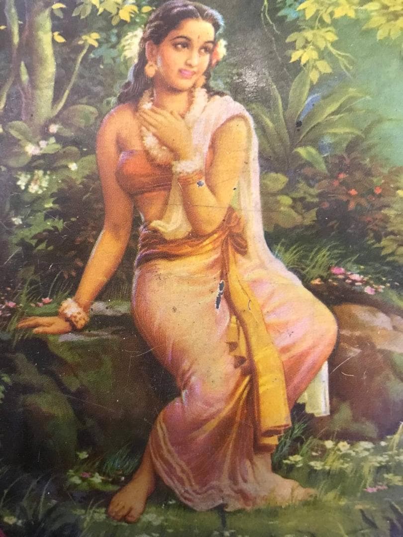 ブリキ缶　1950年代　インドのキャンディ缶　森の美女のリトグラフ