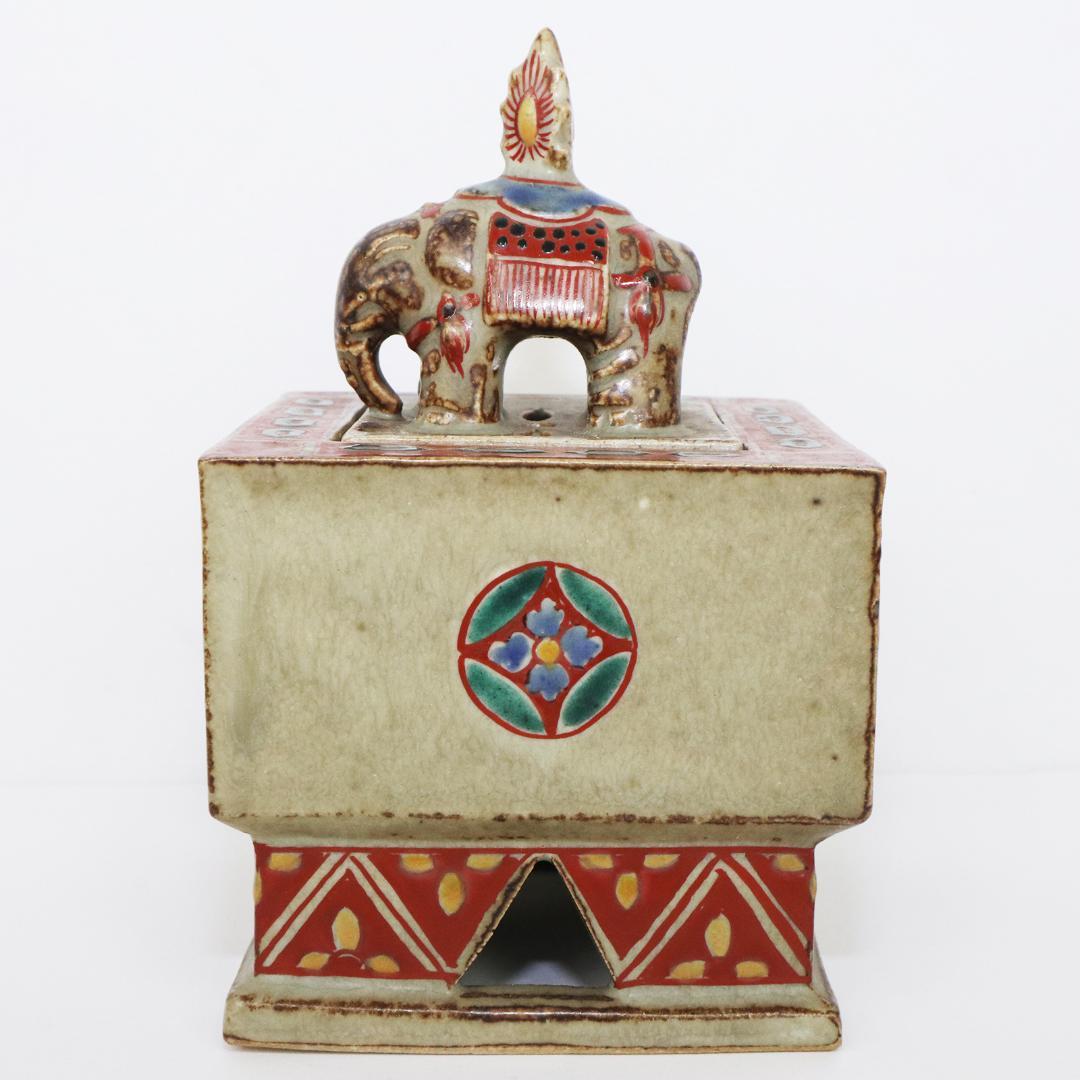 陶芸家 道林俊正作 色絵 七宝文 象香炉 共箱