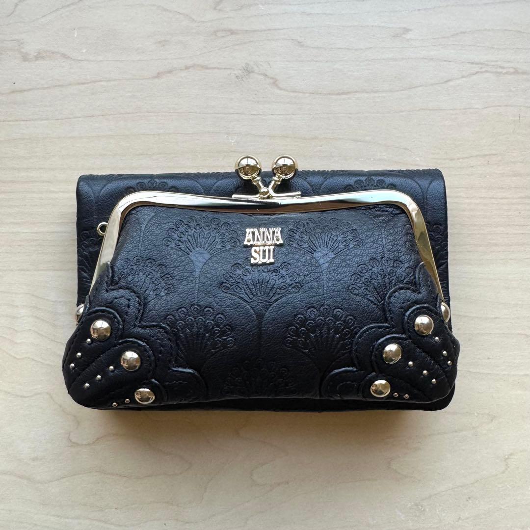 ★新品★ANNA SUI　アナスイ　レザー　がま口　二つ折り財布　黒　ブラック