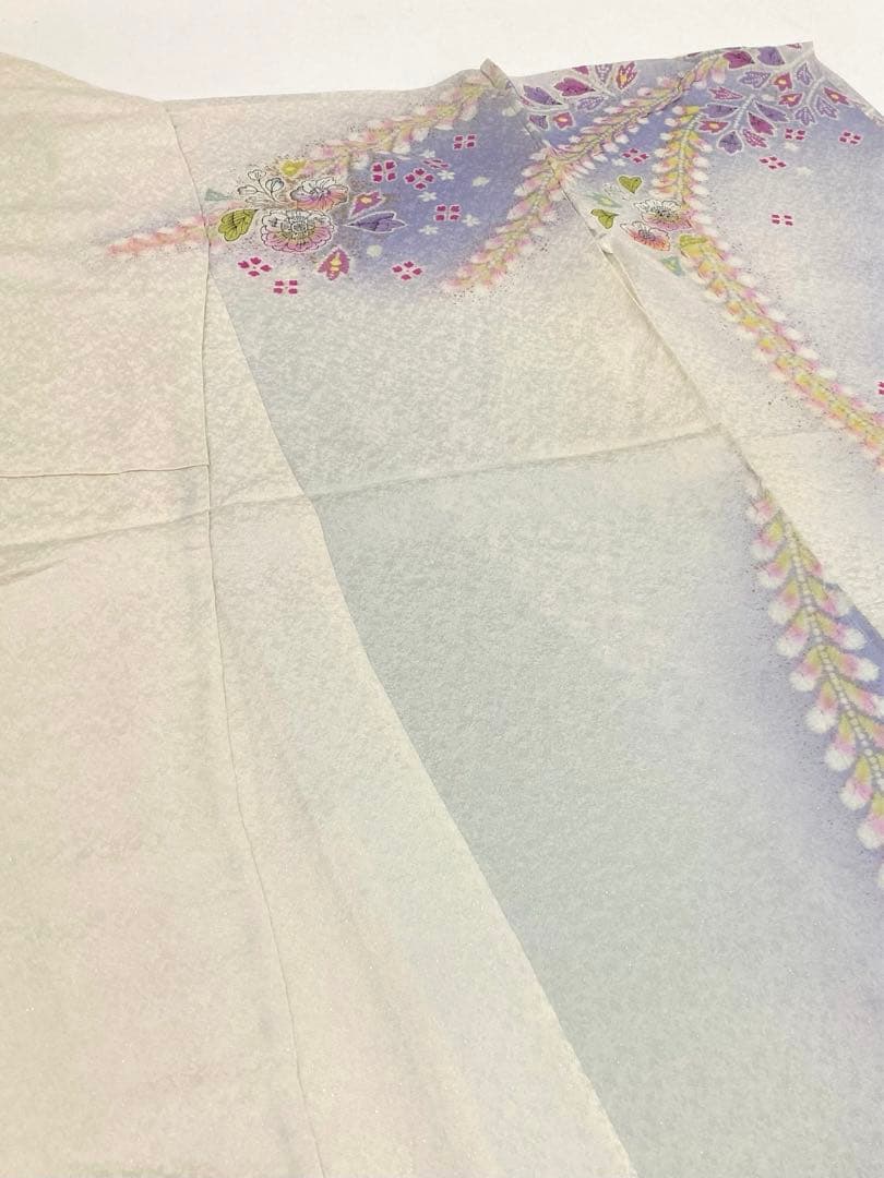 振袖 仮絵羽 京友禅 銀通し 絞り加工 金彩 辻が花 正絹 未仕立て品 八掛付き