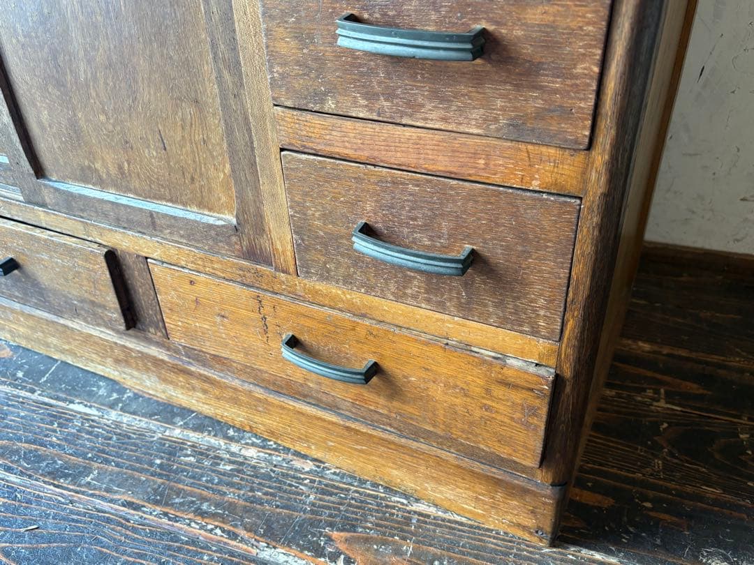 ダイヤガラス 作業台付き　レトロ 木製 キャビネット 水屋 食器棚 アンティーク