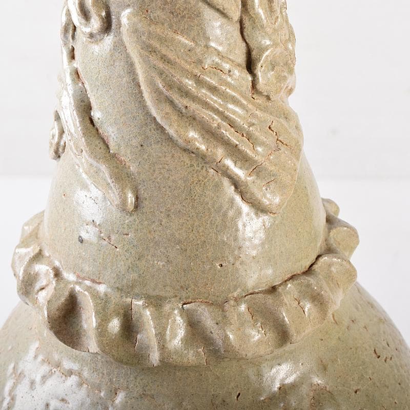 中国　唐時代　越州窯　青磁　虎貼花文　皈依瓶　日月壺　共箱　V　R8771B