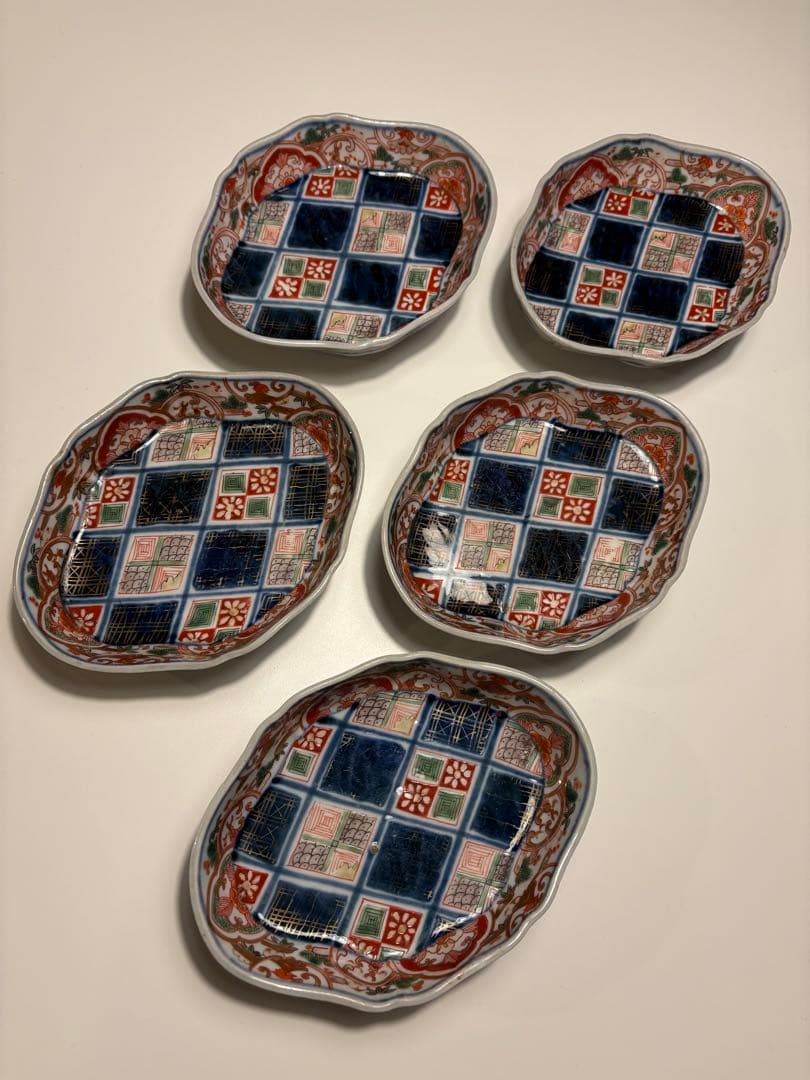 江戸後期　古伊万里　錦手　金襴手　向付　５脚組み