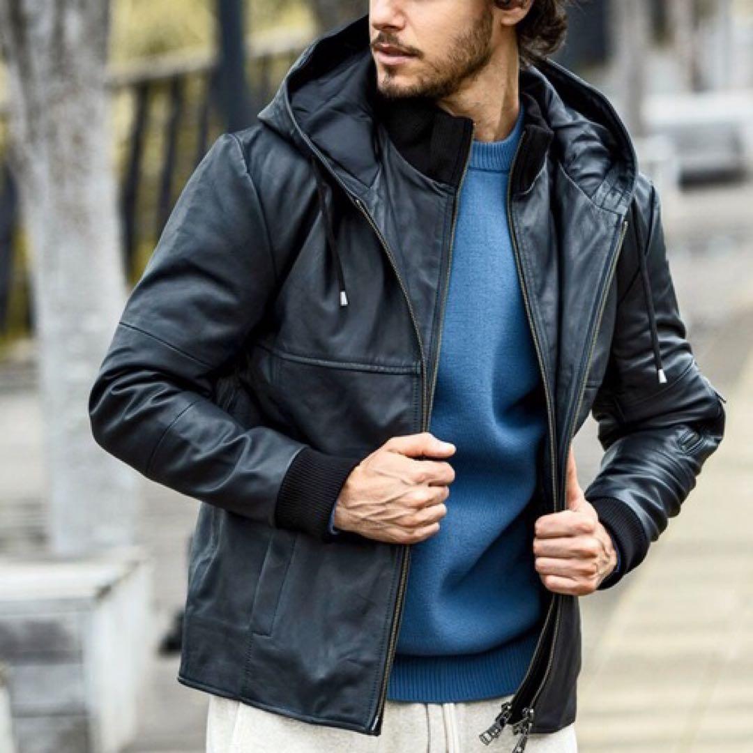 訳あり　AKM Contemporary レザーフード ライダースジャケット