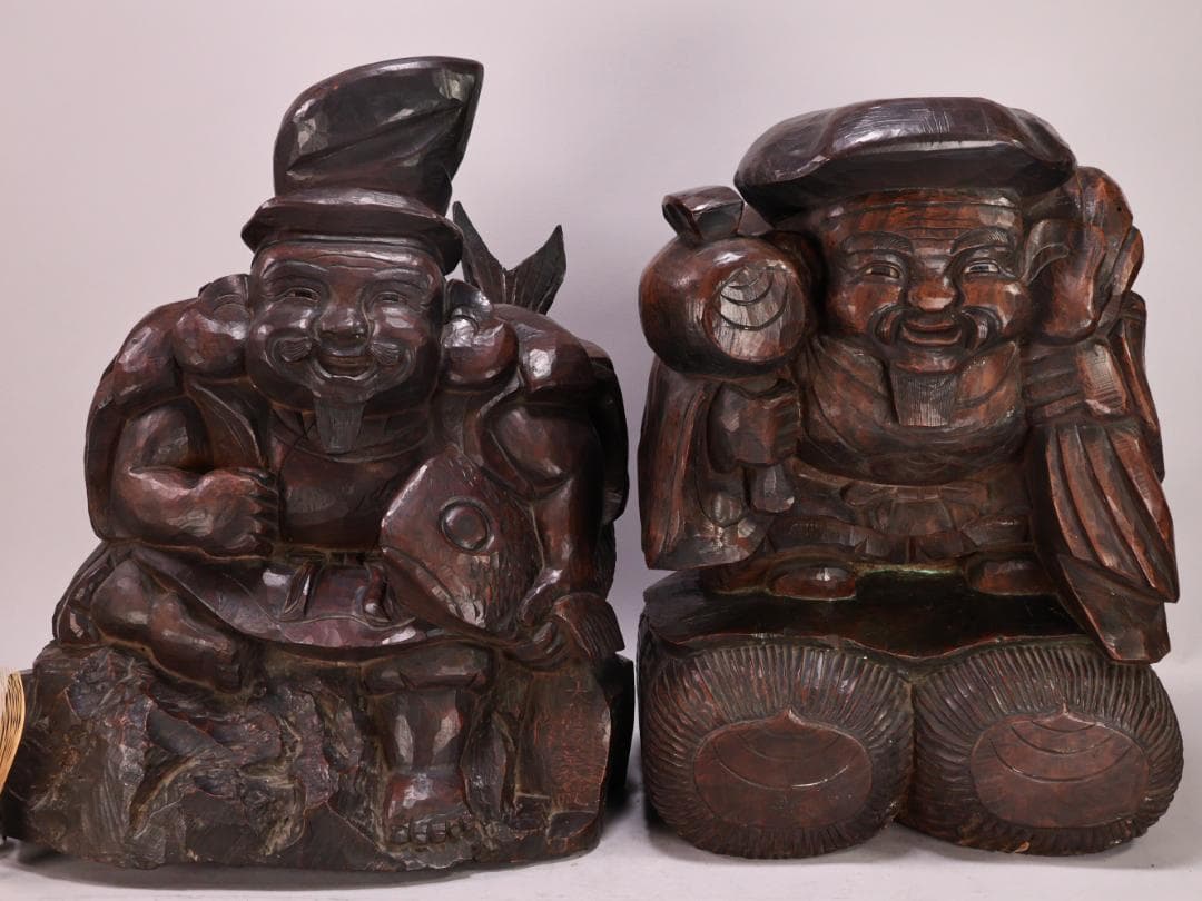 BK201　時代木彫　江戸期　大隅源義縄 作　恵比寿像　大黒像　玉眼　江戸ガラス