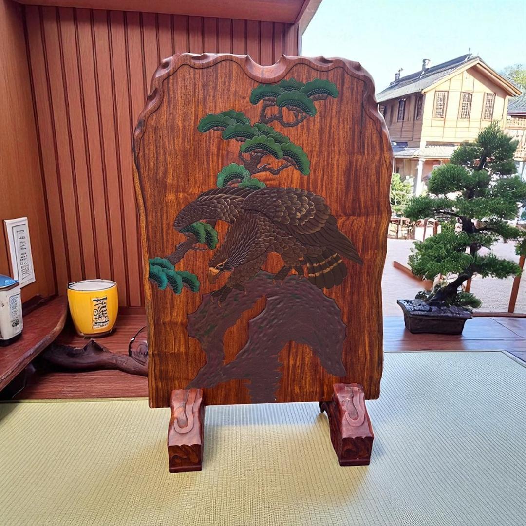 k.s　鷹の衝立　烏城彫　鷹松図　パーテーション　　衝立　間仕切り　62ｋ