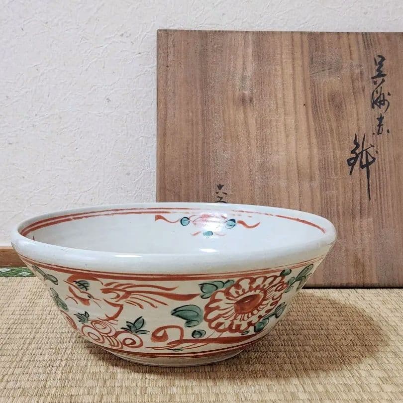 五代　清水六兵衛　呉須赤絵　鉢　木箱入　魁字　菓子鉢　茶道具