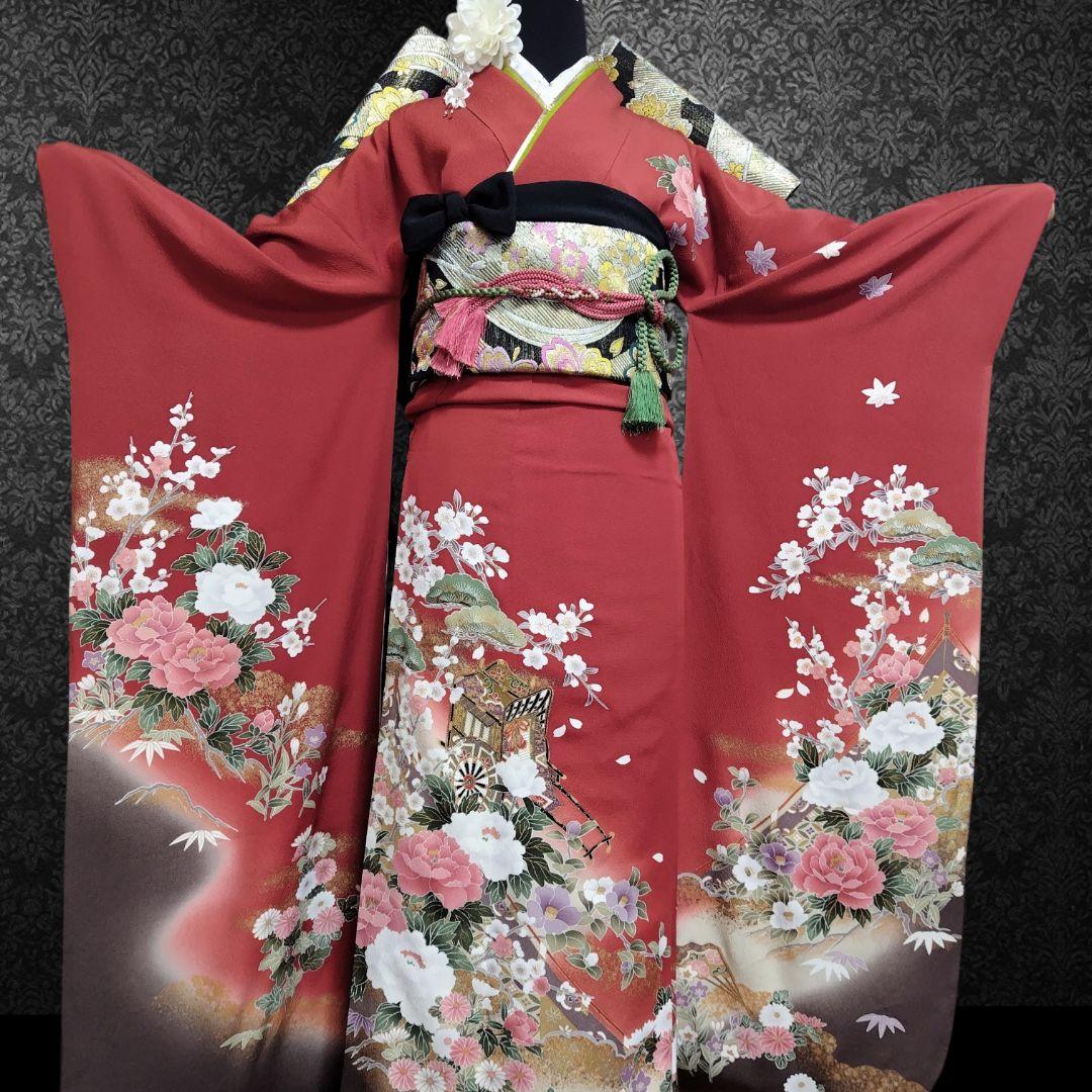 振袖フルセット(6点)・成人式・古典柄・金彩加工・金駒刺繍・胴裏正絹