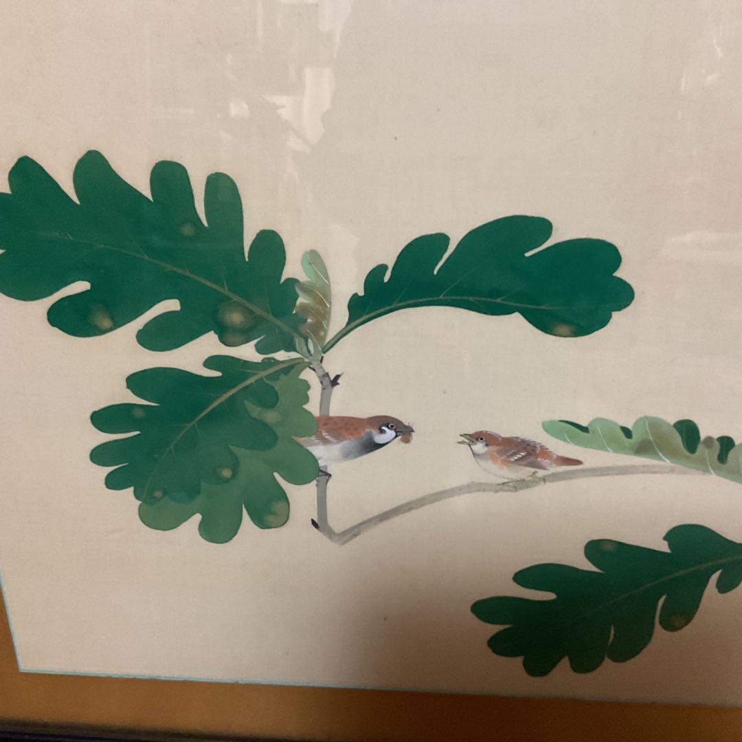 作者不詳作 落款印譜在 絹本花鳥画 無花果に雀図 額装仕立て