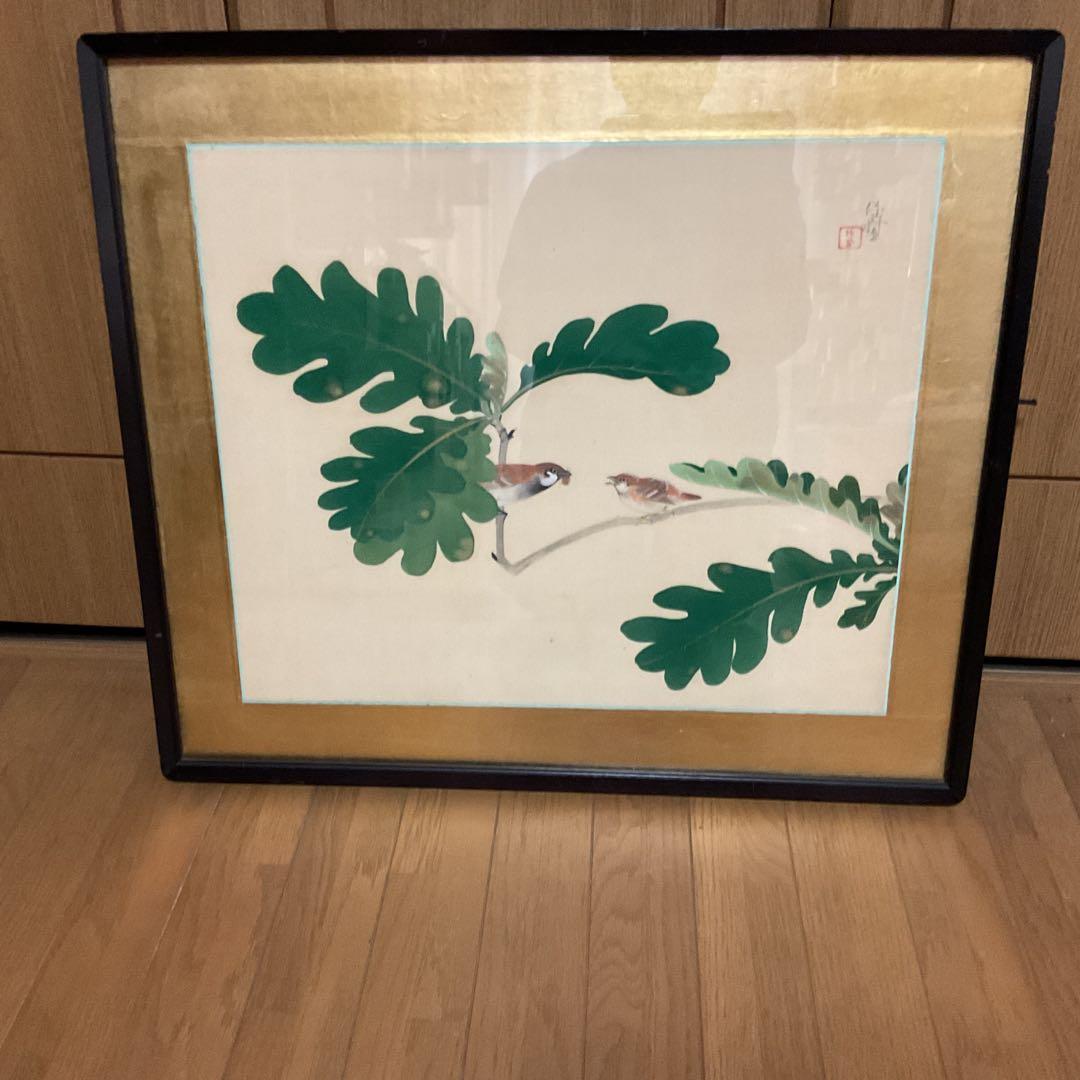 作者不詳作 落款印譜在 絹本花鳥画 無花果に雀図 額装仕立て