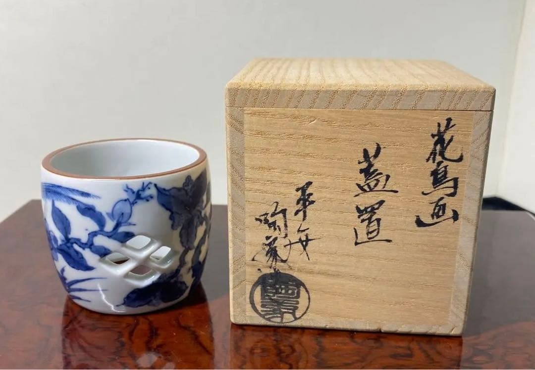 【茶道具】上野良樹造　ガラス蓋置　陶象造　花鳥画蓋置セット