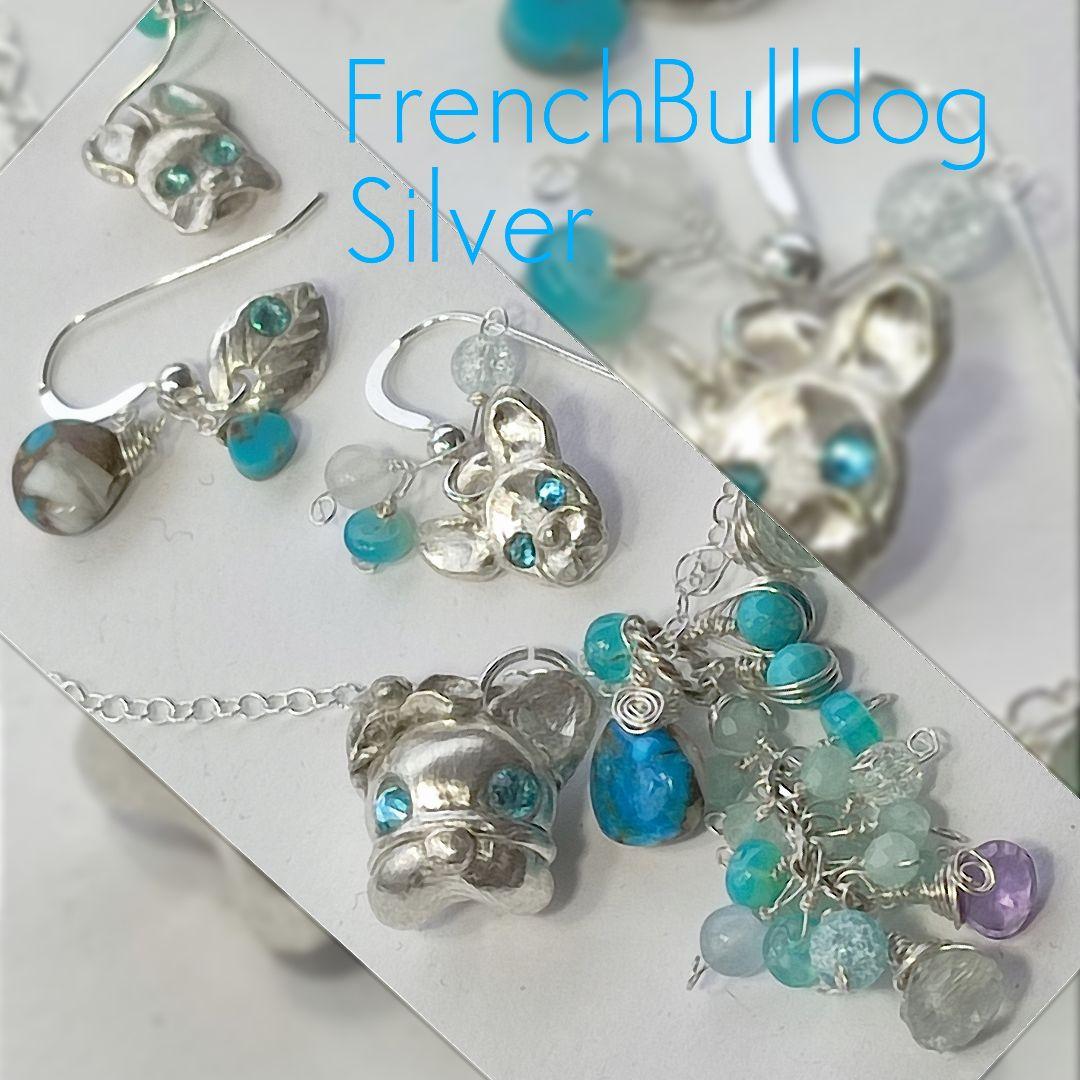 純銀 『フレンチブルドック　スリーピングビューティーターコイズネックレス』