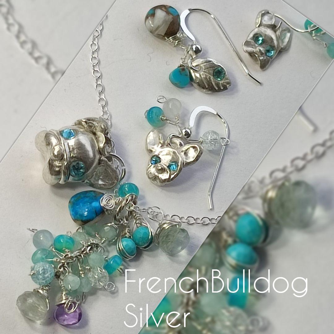 純銀 『フレンチブルドック　スリーピングビューティーターコイズネックレス』