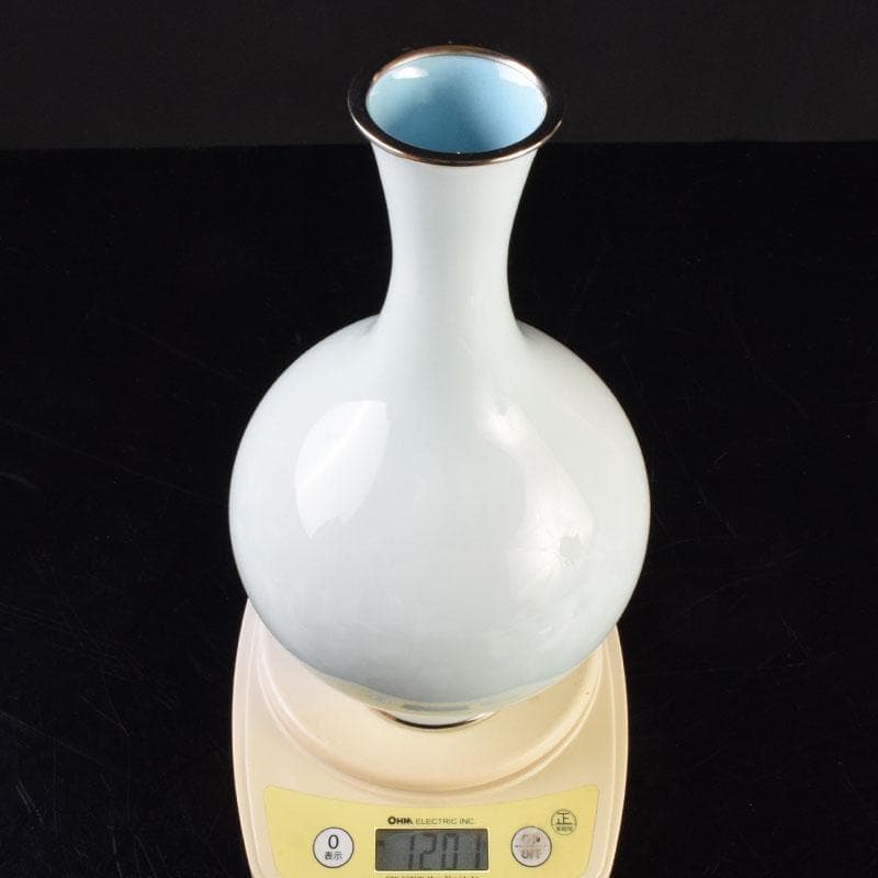 七宝焼　安藤七宝店造　青玉釉　唐草文　花瓶　共箱　D　R9181H