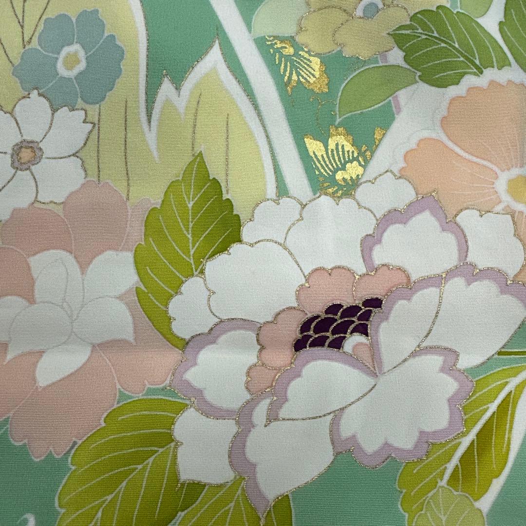 千總 京友禅 華文 グリーン系 刺繍 振袖