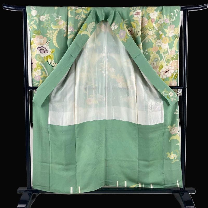 千總 京友禅 華文 グリーン系 刺繍 振袖