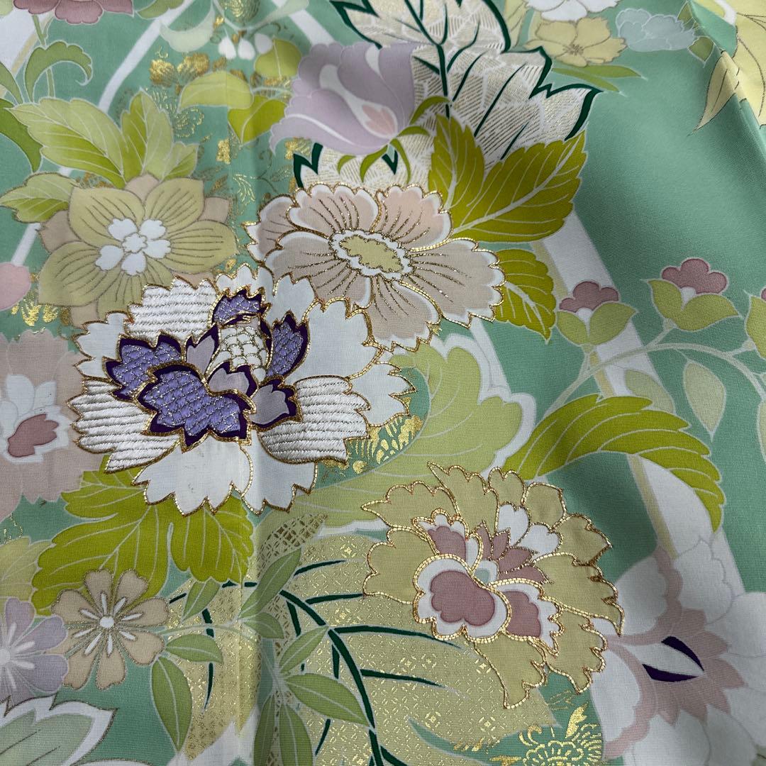千總 京友禅 華文 グリーン系 刺繍 振袖
