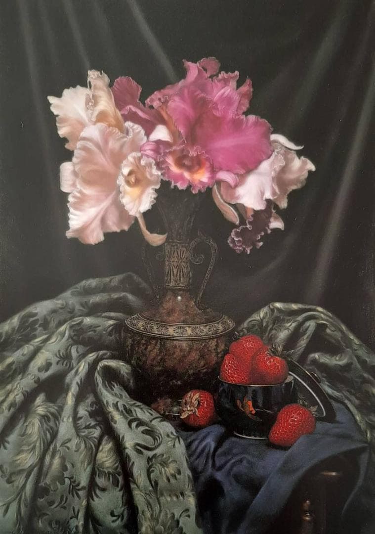 三嶋哲也、「カトレアと苺」、希少画集の額装画、人気作品