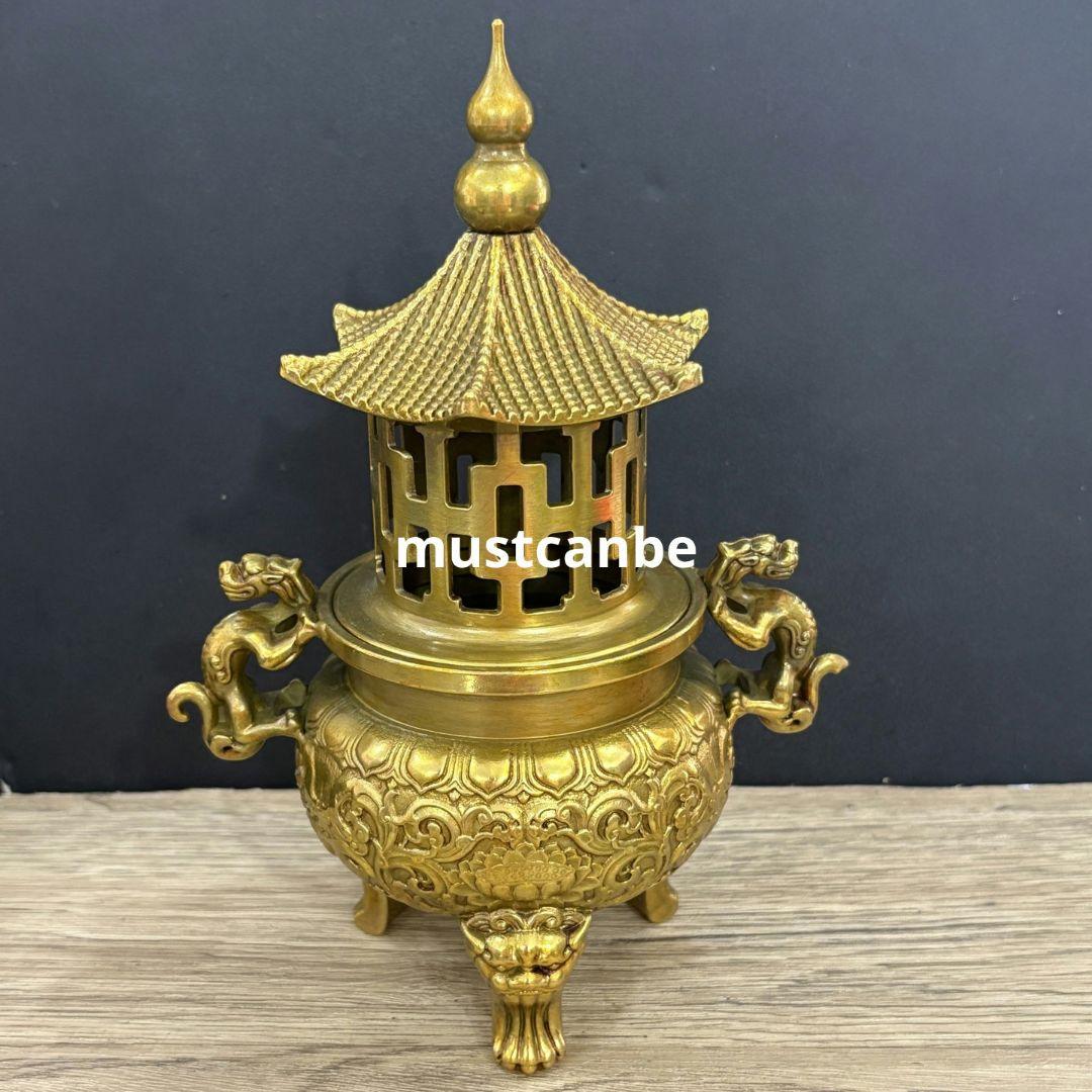 銅製 塔炉 双耳戯珠竜炉 薫香炉 香道具 工芸品 置物