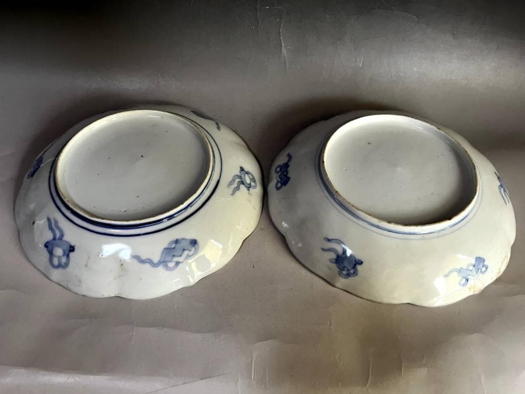 皿■赤絵花弁型窓花鳥紋皿(江戸後期～明治期)鯉 松竹梅 中皿 2枚セット 骨董■