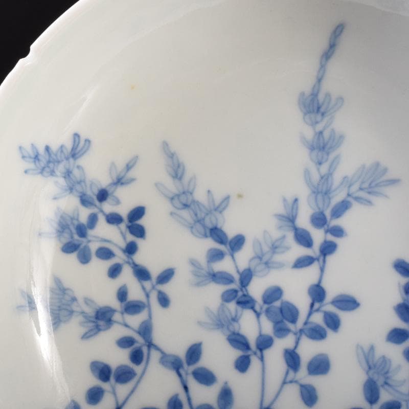 鍋島焼　染付　萩文　五寸皿　輪花皿　時代箱　V　R8110