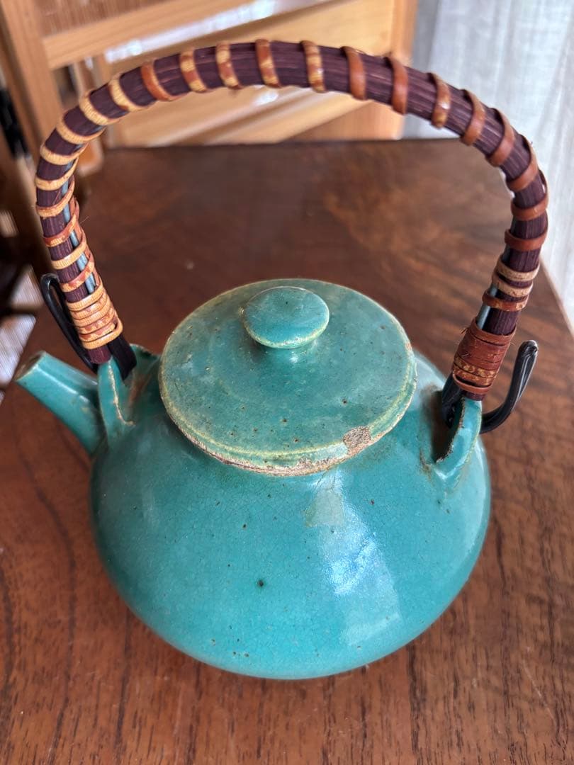 伊賀　丸柱　青　緑釉　薬土瓶　急須　民藝　古道具　希少　骨董