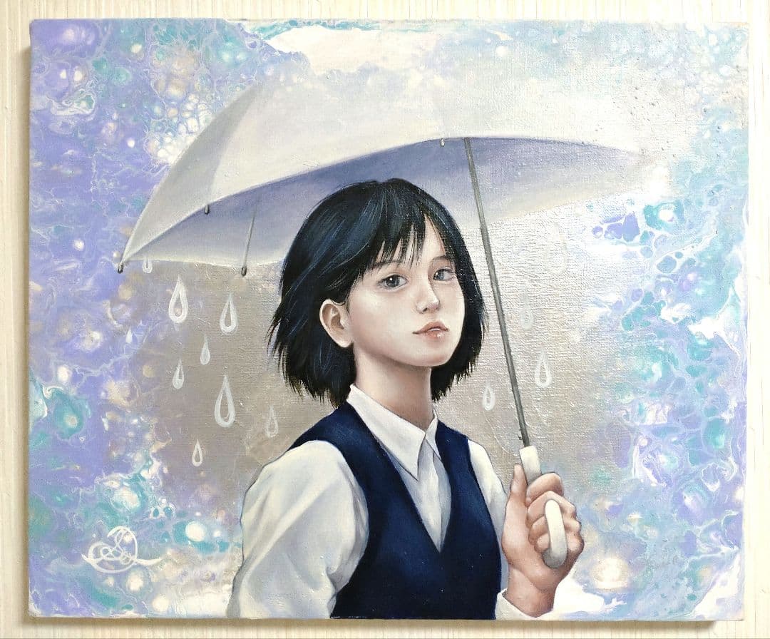 人物画【にわか雨】作者サイン入り/油絵/美人画/フルイドアート