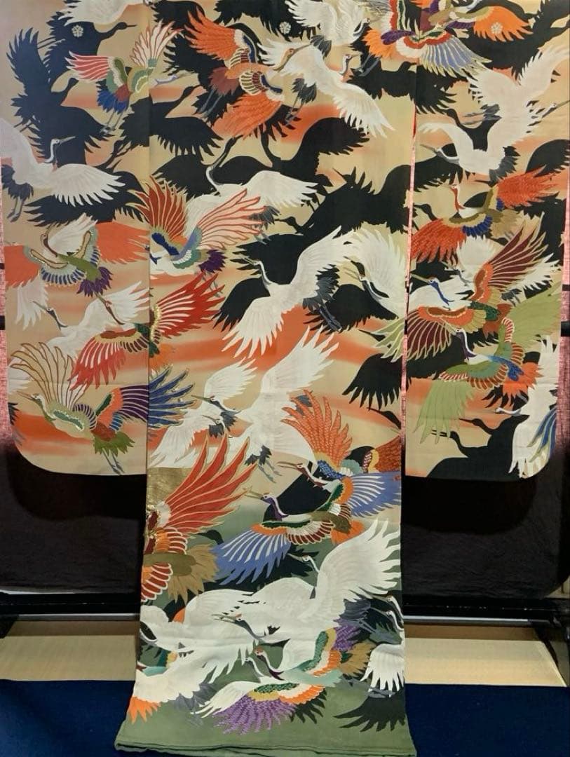 アンティーク振袖 豪華鶴尽くしカラフルヴィンテージ着用可能