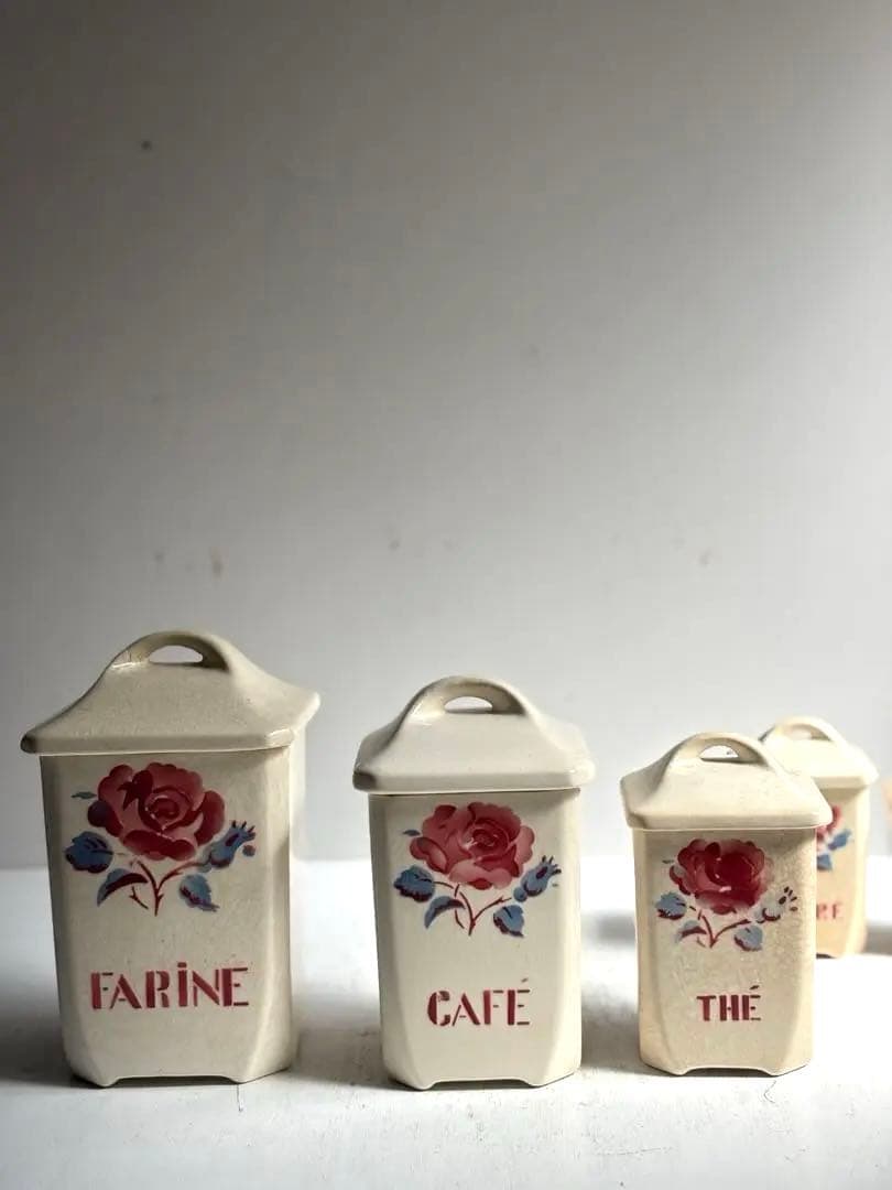 493 フランスアンティーク Badonviller 薔薇柄キャニスターセット