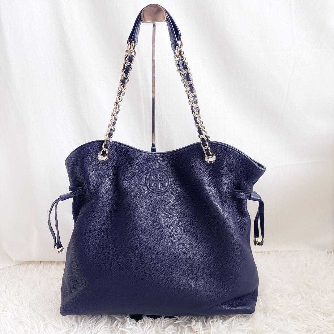 TORY BURCH チェーン トートバッグ シボ革 レザー ネイビー A4