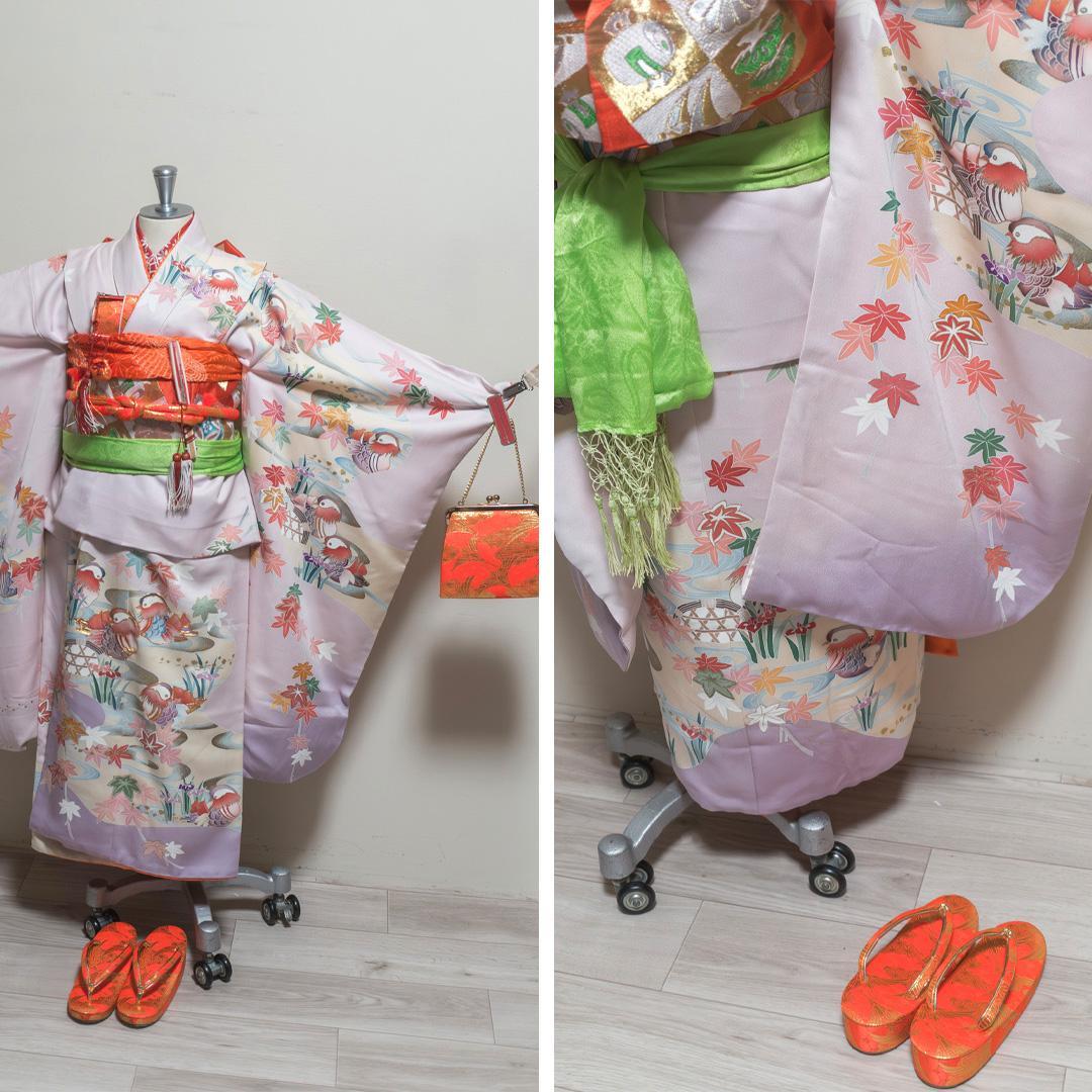 おもち【七五三7歳】正絹・晴着・薄紫グラデ×金駒刺繍 ・鴛鴦流水文様