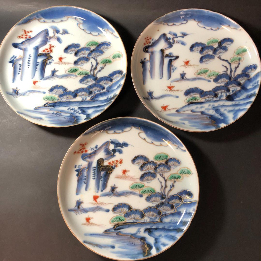 古伊万里　染錦　六寸皿　３客　松に帆掛け船文様　生活骨董　骨董雑貨　和食器