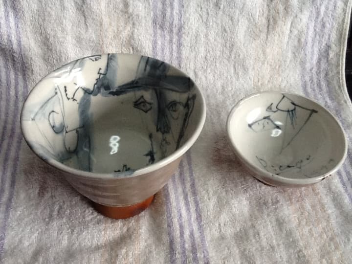 安食ひろ(1999年作) ピカソ碗(蓋付き） 於里辺碗　ぐい呑