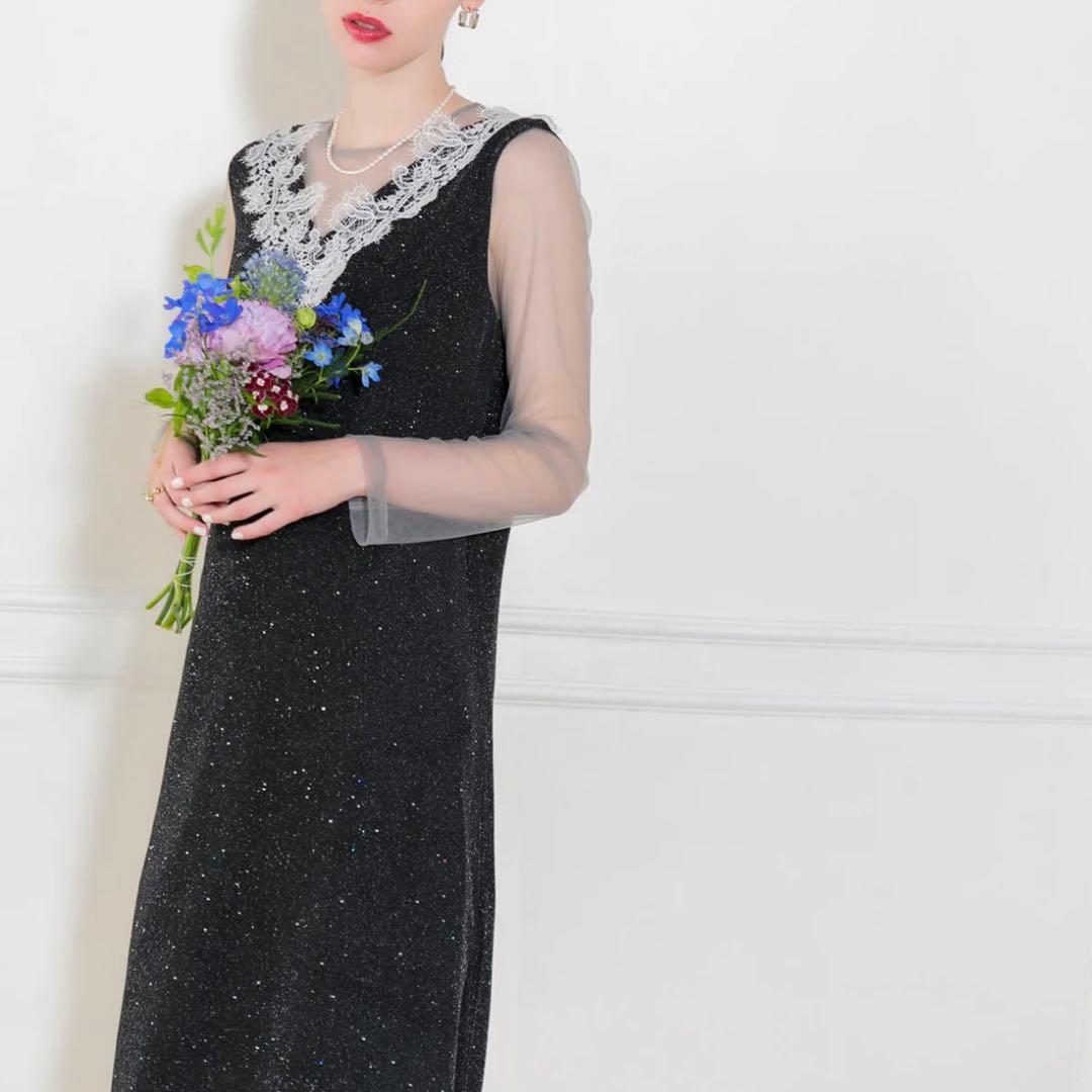 LEJA レースラメスリットロングワンピースドレス